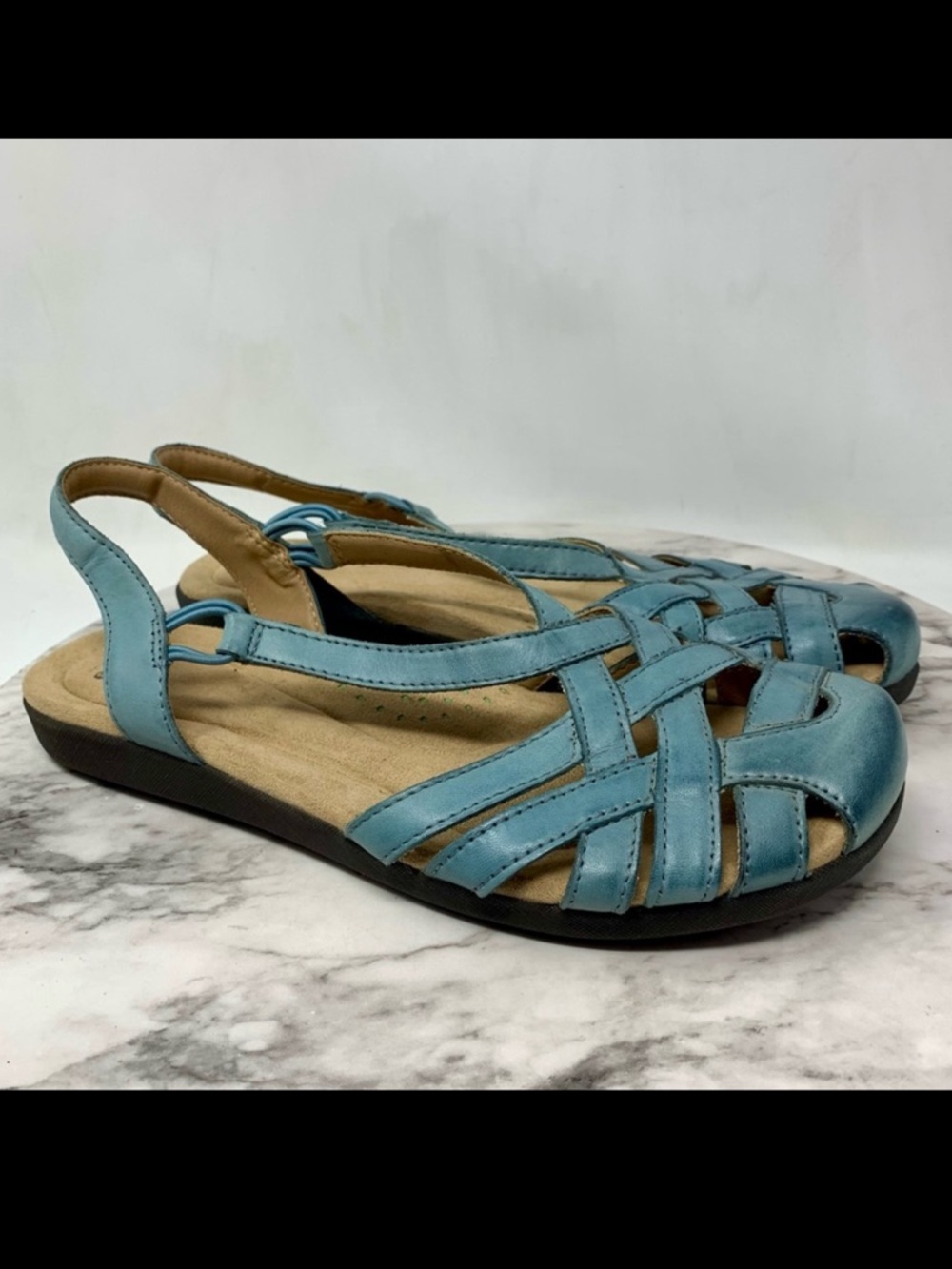 Earth Origins Nellie Parisian Blue Leather Multi Strap Comfort Sandals 9.5 Retro